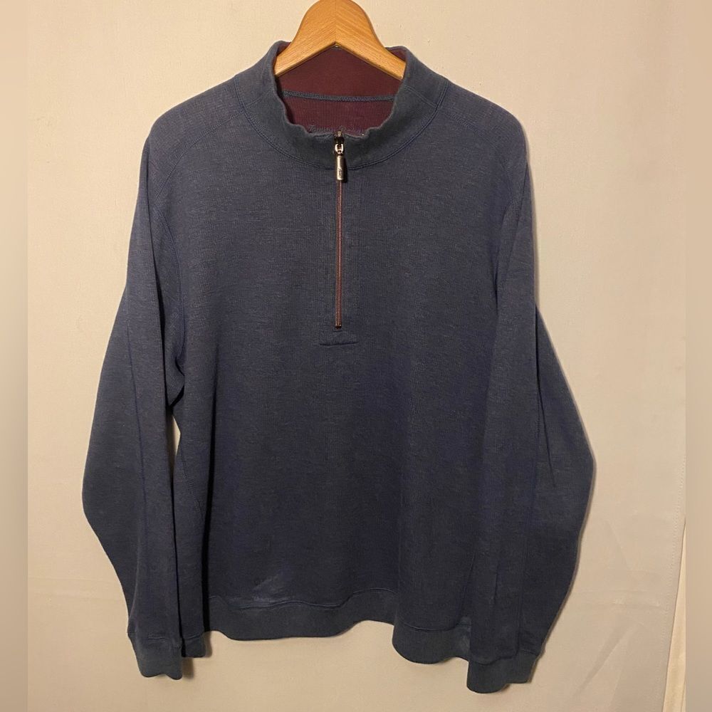 Tommy Bahama Navy Blue 1/4 Zip Size XL Cotton Pullover Sweater Slight Fading
